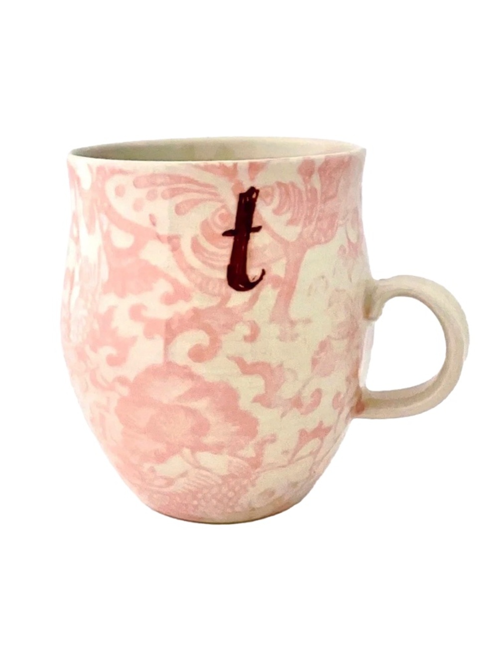 Anthropologie Monogram Coffee Mug Initial " T " with Pink Floral Pattern, NEW